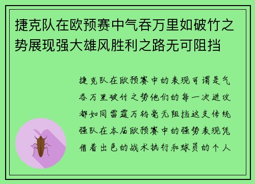 捷克队在欧预赛中气吞万里如破竹之势展现强大雄风胜利之路无可阻挡