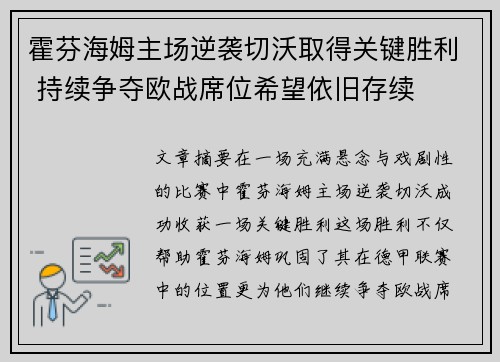 霍芬海姆主场逆袭切沃取得关键胜利 持续争夺欧战席位希望依旧存续